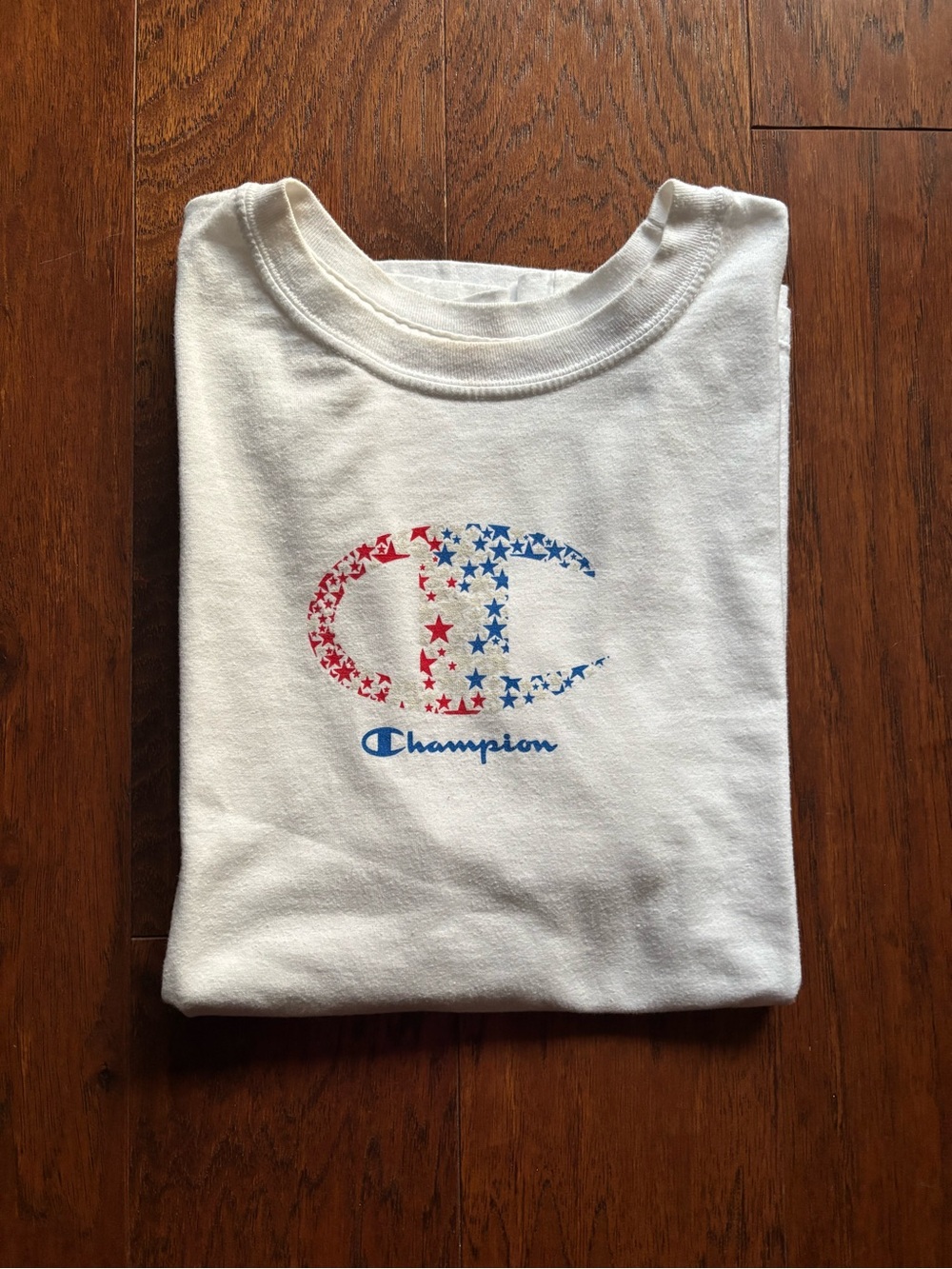 Champion Retro Logo T-Shirt White Red Blue Stars | Size L